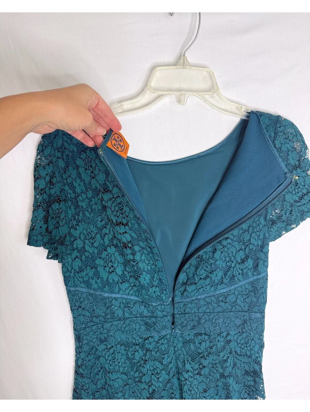 Tory Burch Teal Lace Cocktail Dress 8 Silk Ruffle Puff Sleeve